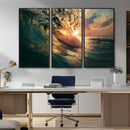 Ocean Wave Sunset Canvas Wall Art – Triptych Seascape Print
