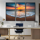 Sunset Beach Canvas Wall Art – Colorful Ocean Waves Triptych