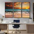 Golden Sunset Beach Canvas Wall Art – Triptych Seascape