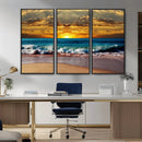 Ocean Sunrise Over Golden Beach Waves, Giclee Canvas Wall