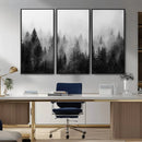 Foggy Black and White Forest Canvas Wall Art, 3 Panel Misty
