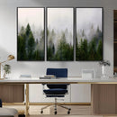 Misty Pine Forest Wall Art Canvas Print | 3 Panel Green