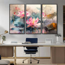 Lotus Flower Wall Art | 3-Panel Giclee Canvas Print of Pink