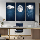 Dark Blue Cloud Art, 3 Piece Indigo Blue Wall Art, Aesthetic