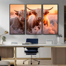 Highland Cows at Sunrise Wall Art Canvas Set – Serene and