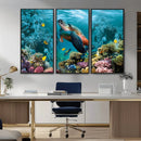 Sea Turtle and Coral Reef Triptych Wall Art – Vibrant