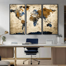 World Map Wall Art – Antique Style Blue and Brown Map Canvas