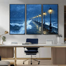Stormy Ocean Pier Lights Canvas Wall Art Print - Large Moody