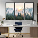 Misty Pine Forest Wall Art Canvas, Sunrise Over Foggy Trees