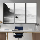 Surfer Beach Wall Art – Framed Black White Ocean Canvas