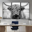 Black White Highland Cow Wall Art Canvas Print