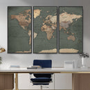 Rustic Black and Wood World Map Canvas Wall Art – Framed