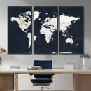 Black World Map Wall Art Canvas Print for Home Office and