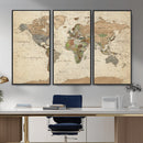 Vintage World Map Canvas Wall Art - Rustic Grunge Texture