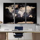 Grunge World Map Wall Art | 3-Panel Large Beige and Brown