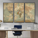 World Map Wall Art Canvas Print, Rustic Map Print, Framed
