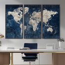 Large Blue World Map Wall Art Canvas Print for Home Office