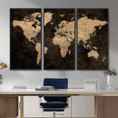 Brown World Map Canvas Print – Modern Travel Map Wall Art,