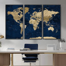 Navy Blue World Map Canvas Print – Detailed Map Minimal Navy