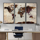 World Map Canvas Triptych – Colorful Global Wall Art for