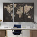 World Map Canvas Wall Art Dark Charcoal Antique Tan Detailed