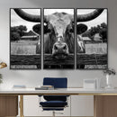 Black White Texas Longhorn Bull Canvas Wall Art, Western Ranch Cattle Photography Print, Rustic Farmhouse Cowboy Decor Artwork