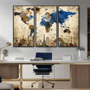 World Map Canvas Print – Vintage Blue and Gold World Map