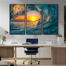 Ocean Wave Sunset Wall Art | Large Coastal Wave Canvas Print