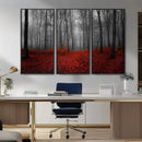 Red Forest Floor Canvas Wall Art – Mystical Foggy Woodland