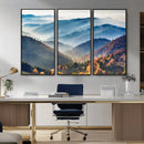 Misty Mountain Sunrise Triptych Canvas Print – Autumn