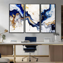 Golden Cascades on Midnight Blue – Deep Blue Abstract Wall