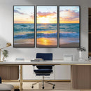 Golden Sunset Over Ocean Waves - Serene Coastal Triptych