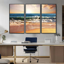 Sunset Beach Wall Art - 3-Panel Framed Canvas Print, Ready