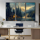 Mountain Cabin by the Lake at Sunset Wall Art - Serene