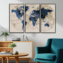 Vintage Blue World Map Canvas Wall Art – Antique Style