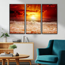 Red Sunset Ocean Beach Canvas Wall Art Beach Canvas, Coastal