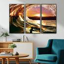 Golden Wave Sunset Triptych Canvas Art, Giclee Canvas Print