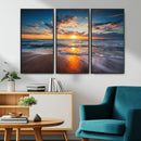 Sunset on the Ocean Beach with Waves, Reflections on Sand,