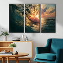 Ocean Wave Sunset Canvas Wall Art – Triptych Seascape Print