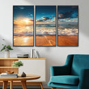 Golden Sunset Beach Triptych Canvas Art, Giclee Coastal Wall