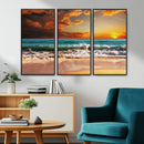 Golden Sunset Beach Canvas Wall Art – Triptych Seascape