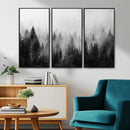 Foggy Black and White Forest Canvas Wall Art, 3 Panel Misty