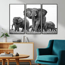 Black White Elephant Family Wall Art Canvas Print