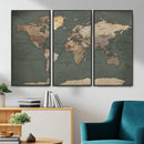 Rustic Black and Wood World Map Canvas Wall Art – Framed