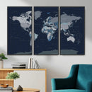Blue Detailed World Map Wall Art Canvas Print, Modern Framed