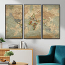 World Map Wall Art Canvas Print, Rustic Map Print, Framed