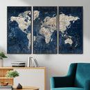 Large Blue World Map Wall Art Canvas Print for Home Office