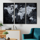 Black World Map Canvas Print – Detailed Map for Couples and