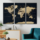 Dark World Map Canvas Wall Art Print, Minimal Black and Gold