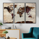 World Map Canvas Triptych – Colorful Global Wall Art for